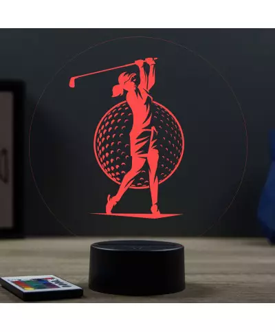 Lampe illusion 3D en verre acrylique gravée au laser représentant une Golfeuse jouant au golf.