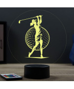 Lampe illusion 3D en verre acrylique gravée au laser représentant une Golfeuse jouant au golf.