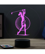 Lampe illusion 3D en verre acrylique gravée au laser représentant une Golfeuse jouant au golf.