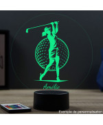 Lampe illusion 3D en verre acrylique gravée au laser représentant une Golfeuse jouant au golf.