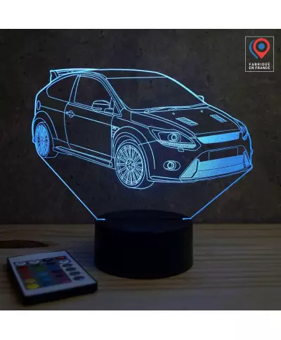 Lampe illusion 3D en verre acrylique gravée au laser représentant une voiture Ford Focus RS.