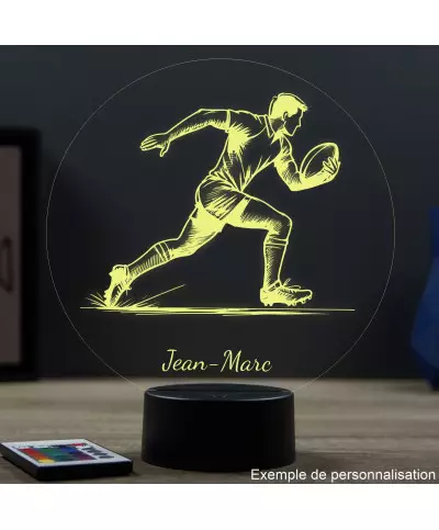 Lampe illusion 3D en verre acrylique gravée au laser représentant un rugbyman.