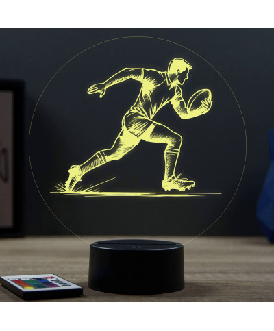 Lampe illusion 3D en verre acrylique gravée au laser représentant un rugbyman.