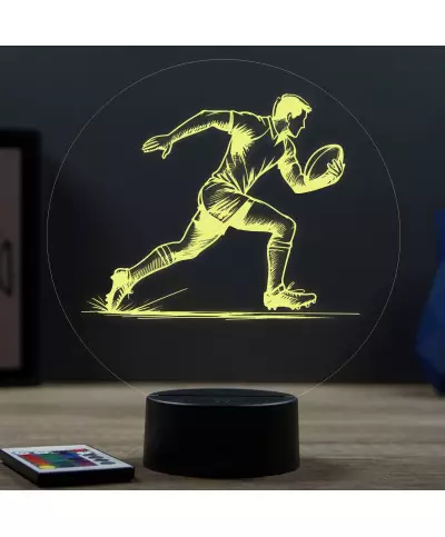 Lampe illusion 3D en verre acrylique gravée au laser représentant un rugbyman.