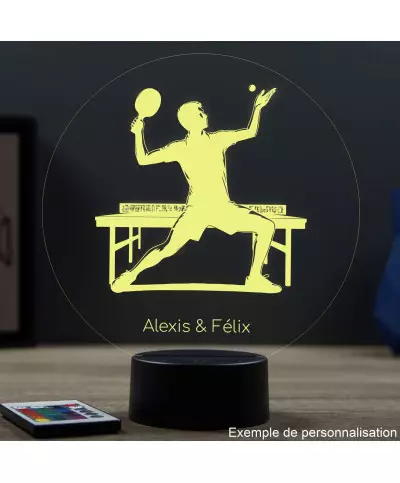 Lampe illusion 3D en verre acrylique gravée au laser représentant un pongiste.