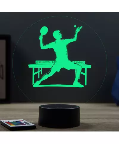 Lampe illusion 3D en verre acrylique gravée au laser représentant un pongiste.