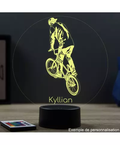 Lampe illusion 3D en verre acrylique gravée au laser représentant un bicrosseur.