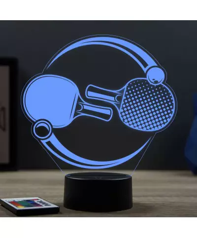 Lampe illusion 3D en verre acrylique gravée au laser représentant des raquettes de ping pong.