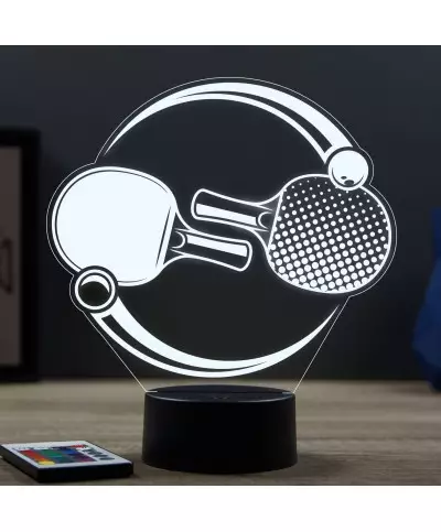Lampe illusion 3D en verre acrylique gravée au laser représentant des raquettes de ping pong.