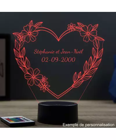 Lampe illusion 3D en verre acrylique gravée au laser représentant un Cœur en fleur.