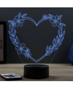 Lampe illusion 3D en verre acrylique gravée au laser représentant un Cœur en fleur.