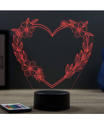 Lampe illusion 3D en verre acrylique gravée au laser représentant un Cœur en fleur.