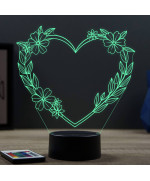 Lampe illusion 3D en verre acrylique gravée au laser représentant un Cœur en fleur.