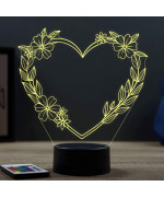 Lampe illusion 3D en verre acrylique gravée au laser représentant un Cœur en fleur.