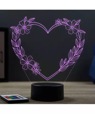 Lampe illusion 3D en verre acrylique gravée au laser représentant un Cœur en fleur.