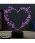 Lampe illusion 3D en verre acrylique gravée au laser représentant un Cœur en fleur.