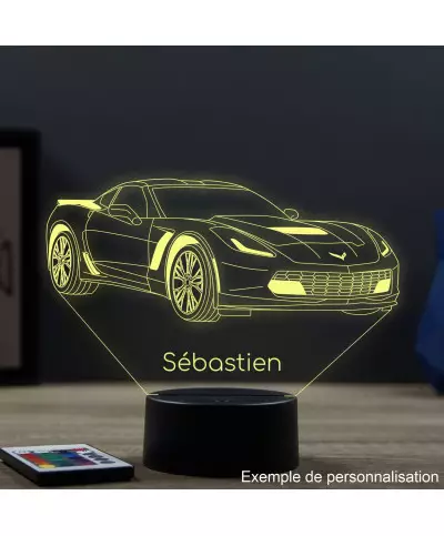 Lampe illusion 3D en verre acrylique gravée au laser représentant une voiture Chevrolet Corvette C7.