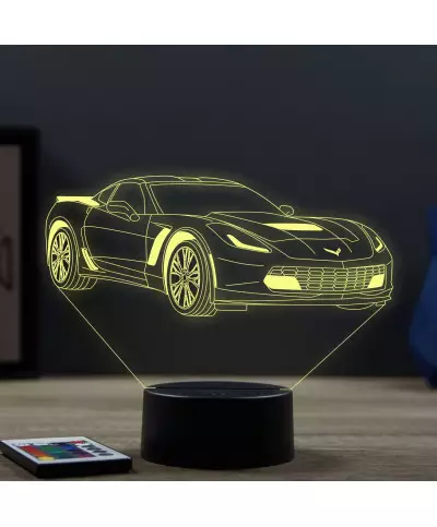 Lampe illusion 3D en verre acrylique gravée au laser représentant une voiture Chevrolet Corvette C7.