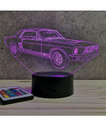 Lampe illusion 3D en verre acrylique gravée au laser représentant une voiture Ford Mustang GT 1967.