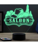 Lampe illusion 3D en verre acrylique gravée au laser représentant un panneau Saloon.