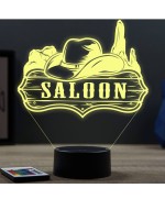 Lampe illusion 3D en verre acrylique gravée au laser représentant un panneau Saloon.