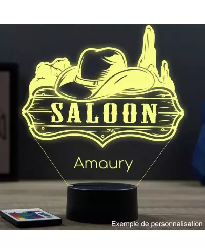 Lampe illusion 3D en verre acrylique gravée au laser représentant un panneau Saloon.