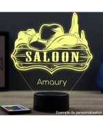 Lampe illusion 3D en verre acrylique gravée au laser représentant un panneau Saloon.