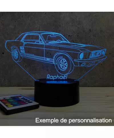 Lampe illusion 3D en verre acrylique gravée au laser représentant une voiture Ford Mustang GT 1967.