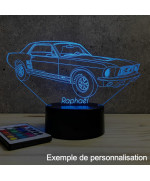 Lampe illusion 3D en verre acrylique gravée au laser représentant une voiture Ford Mustang GT 1967.