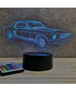 Lampe illusion 3D en verre acrylique gravée au laser représentant une voiture Ford Mustang GT 1967.