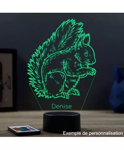Lampe illusion 3D en verre acrylique gravée au laser représentant un écureuil.