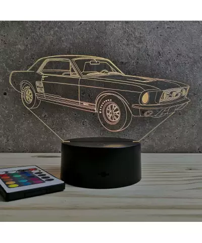 Lampe illusion 3D en verre acrylique gravée au laser représentant une voiture Ford Mustang GT 1967.
