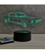Lampe illusion 3D en verre acrylique gravée au laser représentant une voiture Ford Mustang GT 1967.