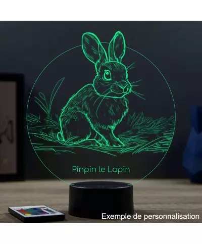 Lampe illusion 3D en verre acrylique gravée au laser représentant un lapin.