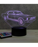 Lampe illusion 3D en verre acrylique gravée au laser représentant une voiture Ford Mustang GT 1967.