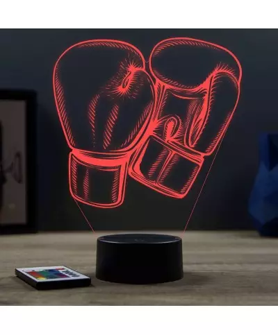 Lampe illusion 3D en verre acrylique gravée au laser représentant une paire de gants de boxe.