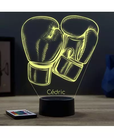 Lampe illusion 3D en verre acrylique gravée au laser représentant une paire de gants de boxe.