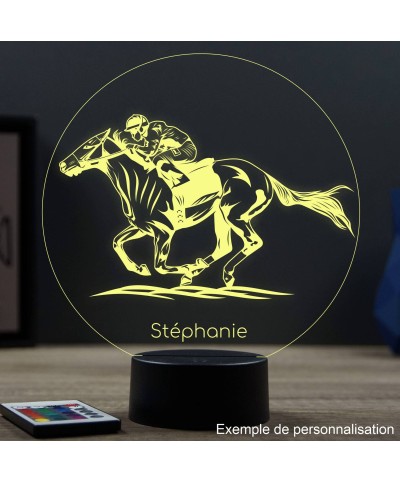 Lampe illusion 3D en verre acrylique gravée au laser représentant un cheval de course avec son jockey.