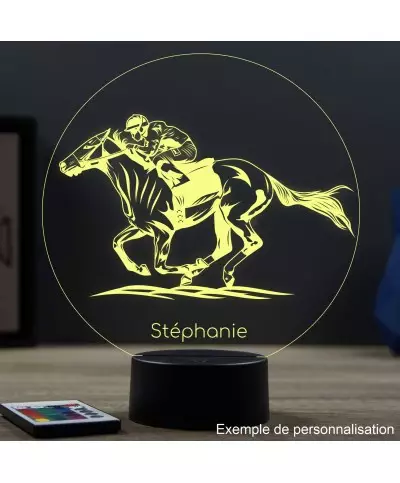 Lampe illusion 3D en verre acrylique gravée au laser représentant un cheval de course avec son jockey.