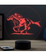 Lampe illusion 3D en verre acrylique gravée au laser représentant un cheval de course avec son jockey.