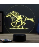 Lampe illusion 3D en verre acrylique gravée au laser représentant un cheval de course avec son jockey.