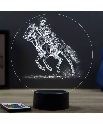 Lampe illusion 3D en verre acrylique gravée au laser représentant un cheval de rodéo.