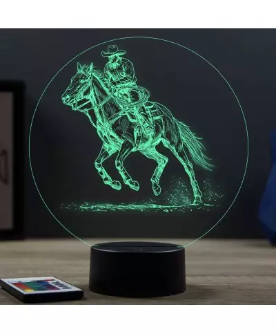 Lampe illusion 3D en verre acrylique gravée au laser représentant un cheval de rodéo.