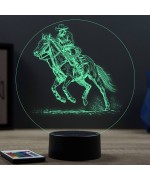Lampe illusion 3D en verre acrylique gravée au laser représentant un cheval de rodéo.