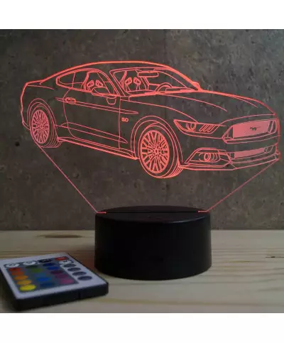 Lampe illusion 3D en verre acrylique gravée au laser représentant une voiture Ford Mustang GT 2016.