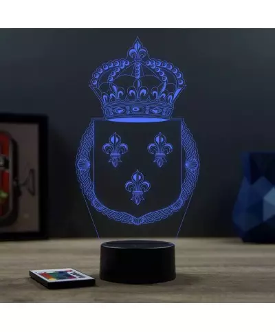 Lampe illusion 3D en verre acrylique gravée au laser représentant l'emblème du royaume de France.