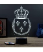Lampe illusion 3D en verre acrylique gravée au laser représentant l'emblème du royaume de France.