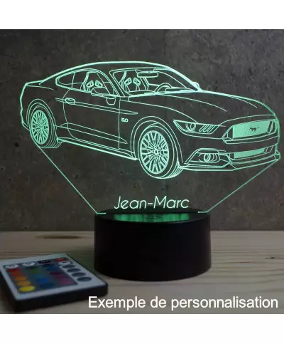 Lampe illusion 3D en verre acrylique gravée au laser représentant une voiture Ford Mustang GT 2016.