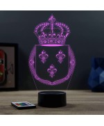 Lampe illusion 3D en verre acrylique gravée au laser représentant l'emblème du royaume de France.