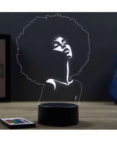 Lampe illusion 3D en verre acrylique gravée au laser représentant une femme avec une coupe afro.
